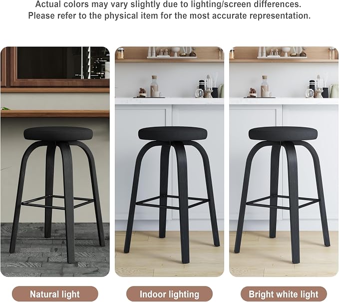 Bar Stools Set of 2, Counter Height Backless Bar Stools, 30" Swivel Barstools Kitchen Chair with Upholstered Fabric Seat, All Black