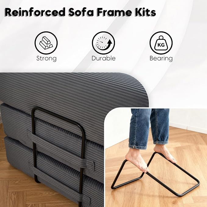 ZEIINPA 59“ Convertible Floor Sofa Bed, 5-in-1 Futon Sofa Bed Pull Out Sleeper Couch, Modern Corduroy Compressed Loveseat, Modular Boneless Couches for Living Room, No Assembly Required, Gray