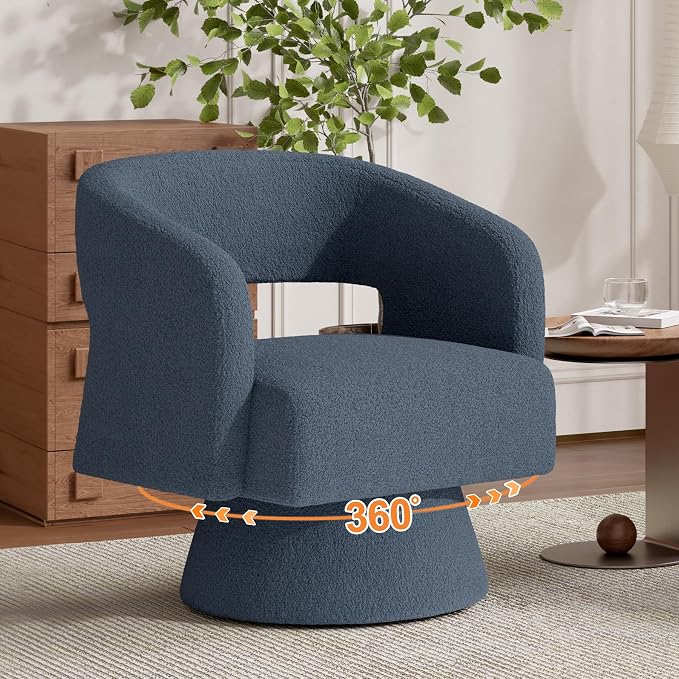 Swivel Barrel Accent Chair,Oversized Teddy Upholstered Round Swivel Chair,Modern Luxury 360 Degree Living Room Vanity Chair for Bedroom Office,Blue