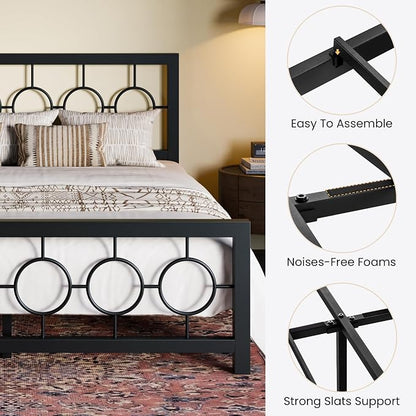 SHA CERLIN King Size Metal Bed Frame with Vintage Circular Design Headboard and Footboard,No Box Spring Required,Easy Assembly,Noise-Free,Black