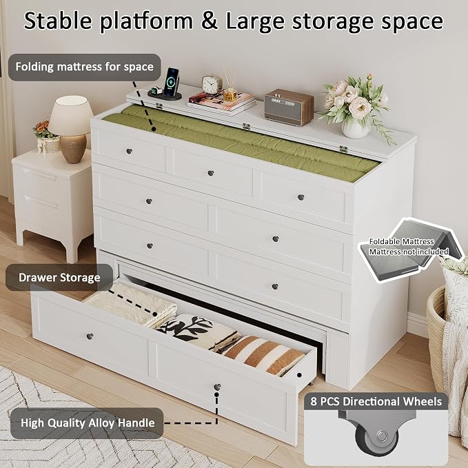 LIVAUVEAD Full Size Murphy Bed with Charging Station & Drawer, Full Size Mobile Cabinet Bed Frame, Murphy Chest Bed for Bedroom, Guest Room