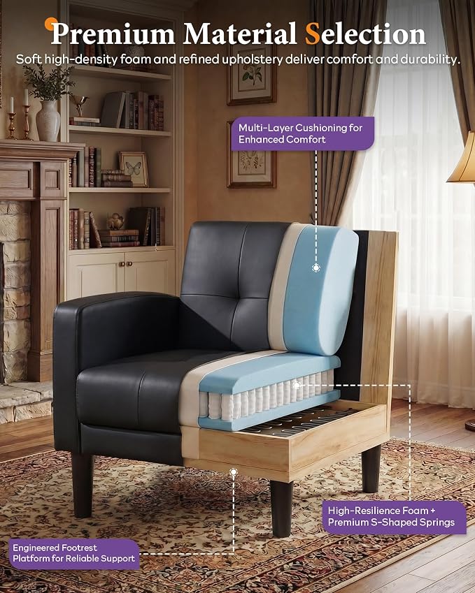 TYBOATLE Accent Chair Set of 2 Living Room Chairs Cozy Tufted Mid Century Modern Black Accent Chairs with Arms for Bedroom Comfy Reading Arm Chair Small Chairs for Small Spaces Office(2, Black)