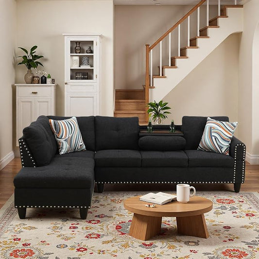 L-Shaped Sectional Sofa, Modern 4-Seat Couch with Built-in Cup Holders, Upholstered Fabric Sectional Couch with Left Facing Chaise for Living Room, Apartment, Office, Black Gray