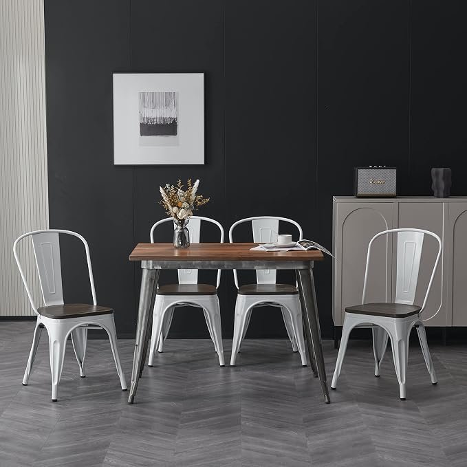 Nazhura Metal Dining Chair Farmhouse Tolix Style for Kitchen Dining Room Café Restaurant Bistro Patio, 18 Inch, Stackable, Waterproof Indoor/Outdoor (Sets of 4) (White with Wood Padding)