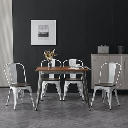 Nazhura Metal Dining Chair Farmhouse Tolix Style for Kitchen Dining Room Café Restaurant Bistro Patio, 18 Inch, Stackable, Waterproof Indoor/Outdoor (Sets of 4) (White with Wood Padding)