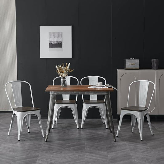 Nazhura Metal Dining Chair Farmhouse Tolix Style for Kitchen Dining Room Café Restaurant Bistro Patio, 18 Inch, Stackable, Waterproof Indoor/Outdoor (Sets of 4) (White with Wood Padding)