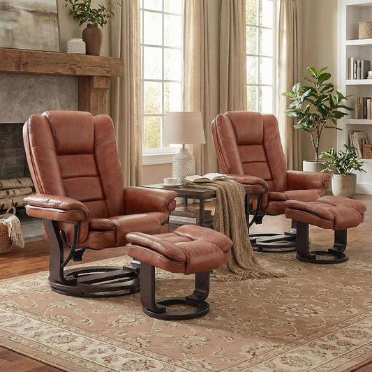 Swivel Recliner Chair with Ottoman Reclining Lounge Sofa Footrest, Set of 2 | 360°Sturdy Wood Base, Soft PU Leather, Upholstered Ultra-Plush Foam, Modern Armchair, Living Room Bedroom Office Reading Home