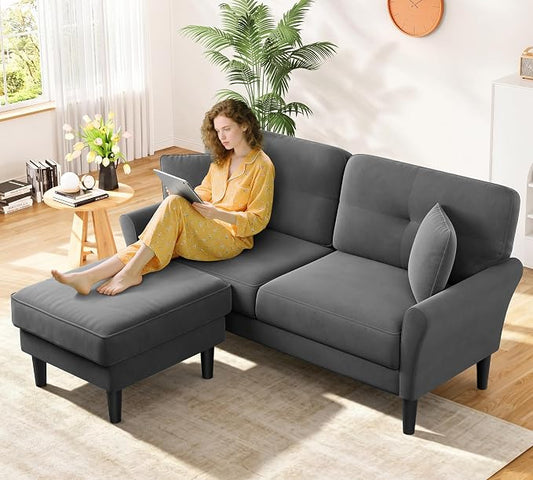 Kidirect Small Sectional Couch, 69" L Shaped Couch, Sectional Sofa, Grey | Comfy Velvet Couch, Tool-Free Setup, 750lb Max Load, Movable Ottoman, Ideal for Living Room, Bedroom, Apartment, Office