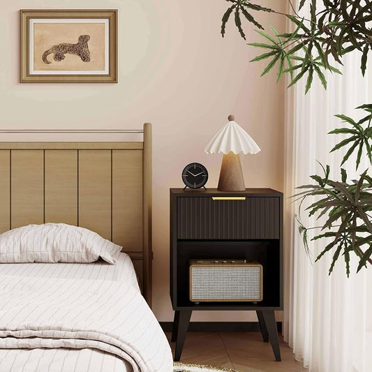 YAUKOMEL Fluted Night Stand with Opening Storage,Mid Century Bedside Table with Drawer,Black Nightstand with Wood Legs,End Table Side Table for Living Room,Bedroom,11.8" Dx15.7 Wx 25.2" H CTG56BK