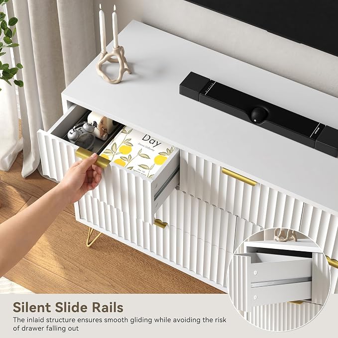 White Dresser for Bedroom, 7 Drawers Dresser with Golden Handles, Modern Wood Chest for Living Room, Hallway, Entryway