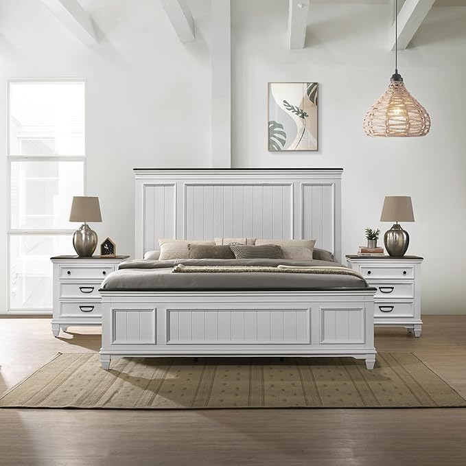 Roundhill Furniture Clelane 3-Piece Wood Bedroom Set, Bed and 2 Nightstands, Weathered White, King