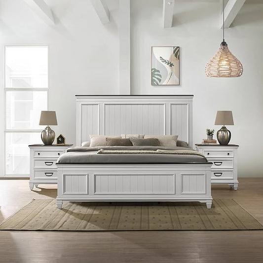 Roundhill Furniture Clelane 3-Piece Wood Bedroom Set, Bed and 2 Nightstands, Weathered White, King