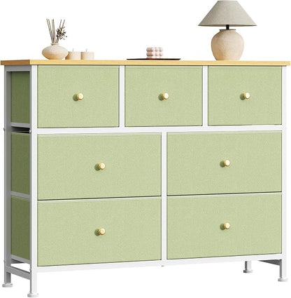 Sweetcrispy 7 Drawer Dresser with Fabric Bins, Fabric Storage Tower Organizer for Bedroom, Closet, Hallway, Entryway, Tall Chest of Drawers with Steel Frame, Wood Top, Large Storage,Light Green