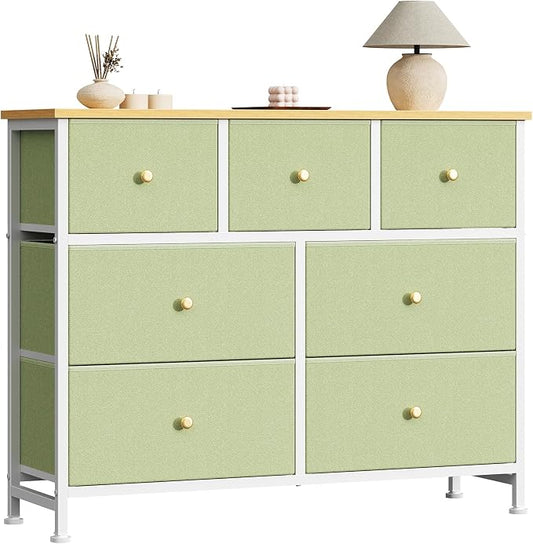 Sweetcrispy 7 Drawer Dresser with Fabric Bins, Fabric Storage Tower Organizer for Bedroom, Closet, Hallway, Entryway, Tall Chest of Drawers with Steel Frame, Wood Top, Large Storage,Light Green