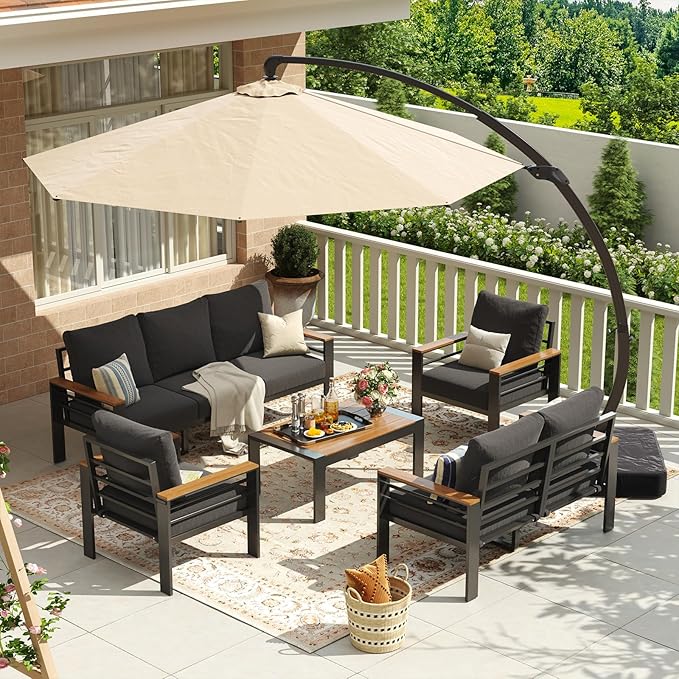 Aoxun Aluminum Patio Furniture Set with Umbrella 7 Seats, Oversized Outdoor Sectional with Washable Thick Cushions, Coffee Table, Patio Conversation Sets for Porch, Balcony, Deck
