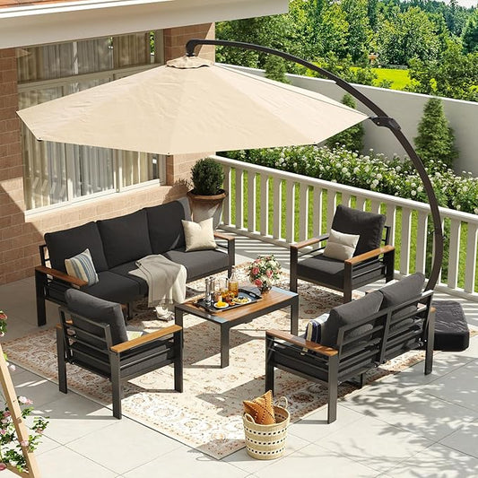 Aoxun Aluminum Patio Furniture Set with Umbrella 7 Seats, Oversized Outdoor Sectional with Washable Thick Cushions, Coffee Table, Patio Conversation Sets for Porch, Balcony, Deck