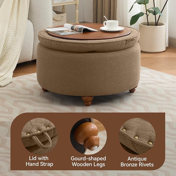 WUTUTUEE 30Inch Round Storage Ottoman with Tray, Modern Tufted Fabric Circle Coffee Table with Storage, Upholstered Ottoman with Removable Top for Living Room, Bedroom, Brown