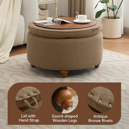 WUTUTUEE 30Inch Round Storage Ottoman with Tray, Modern Tufted Fabric Circle Coffee Table with Storage, Upholstered Ottoman with Removable Top for Living Room, Bedroom, Brown