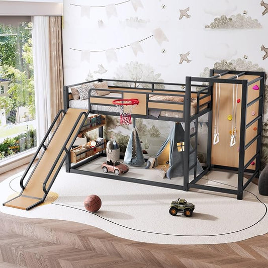 Harper & Bright Designs Twin Over Twin Metal Bunk Bed with Slide & Climbing Wall & Basketball Hoop Bookshelves for Love Sports, Yellow+Black