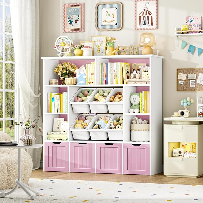 FINETONES Toy Storage Organizer with 6 Toy Bins, Toy Organizer Kids Bookshelf with 4 Movable Drawers and 6 Storage Cubbies, Toy Bins for Kids Organizer Playroom Storage for Living Room, Pink