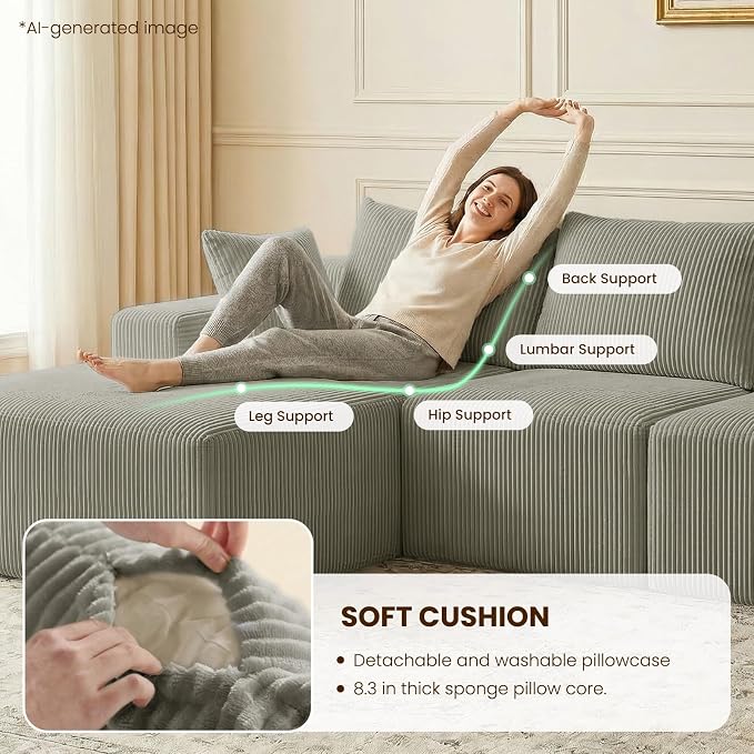 kinmars 108" Boneless Sectional Couch,Corduroy Cloud Couch Sectional for Living Room,Modern U Shaped Modular Sectional Couch,3 Seater Sofa (Camel, 108.9" U Shaped with Ottoman)