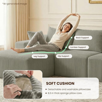 kinmars 108" Boneless Sectional Couch,Corduroy Cloud Couch Sectional for Living Room,Modern U Shaped Modular Sectional Couch,3 Seater Sofa (Camel, 108.9" U Shaped with Ottoman)