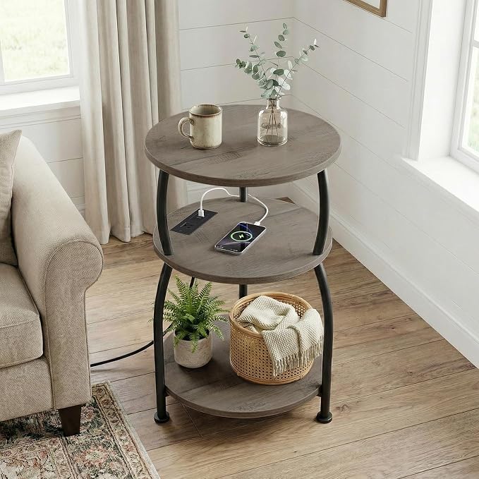 Round Side Table with Power Outlet & USB Ports, 3-Tier End Table with Storage Shelf, 15.7" Wide Nightstand for Small Spaces, Tall Bedside Table Capable of Charging Laptops & Phones, Rustic Brown