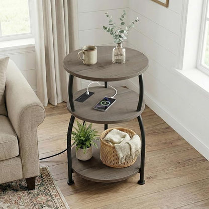 Round Side Table with Power Outlet & USB Ports, 3-Tier End Table with Storage Shelf, 15.7" Wide Nightstand for Small Spaces, Tall Bedside Table Capable of Charging Laptops & Phones, Rustic Brown