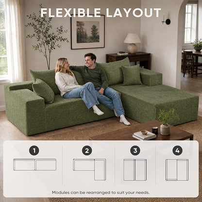 Boneless Couch, 102.4" Sectional Couches for Living Room with L Shape Sofa | Cloud Couch Sectional with Chaise, Modular Cloud Sofa with Deep Seat, No Assembly, Green, Corduroy, Right Chaise