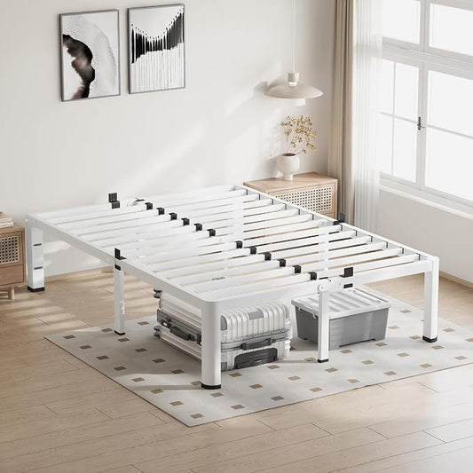 VIPSHOW 20 Inch King Size White Bed Frame, 3500Lbs Heavy Duty Metal Platform with Round Corner Legs Mattress Slide Stopper, Steel Slat Support No Box Spring Needed, Noise Free, Non-Slip, Easy Assembly