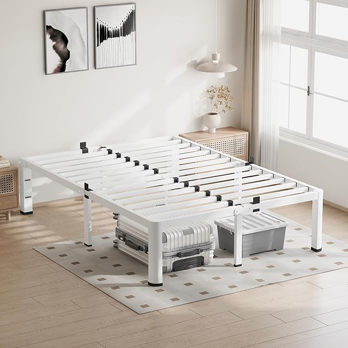 VIPSHOW 18 Inch Queen Size White Bed Frame, 3500Lbs Heavy Duty Metal Platform with Round Corner Legs Mattress Slide Stopper, Steel Slat Support No Box Spring Needed, Noise Free, Easy Assembly