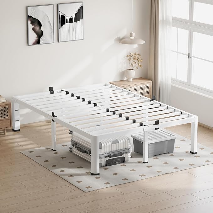 VIPSHOW 20 Inch Full Size White Bed Frame, 3500Lbs Heavy Duty Metal Platform with Round Corner Legs Mattress Slide Stopper, Steel Slat Support No Box Spring Needed, Noise Free, Non-Slip, Easy Assembly