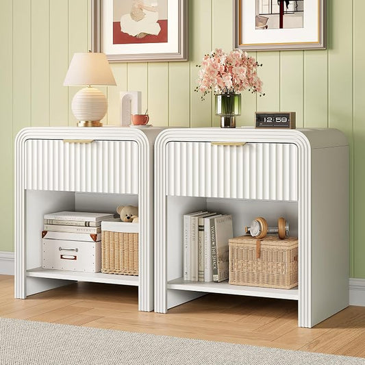 Decofy Fluted Nightstand with Charging Station, Modern Bedroom Side Table with Gold Handles, Curved Profile Design, End Table Wood Organizer for Bedroom, Open Shelf & 1 Drawers (2 Pack, Pure White)