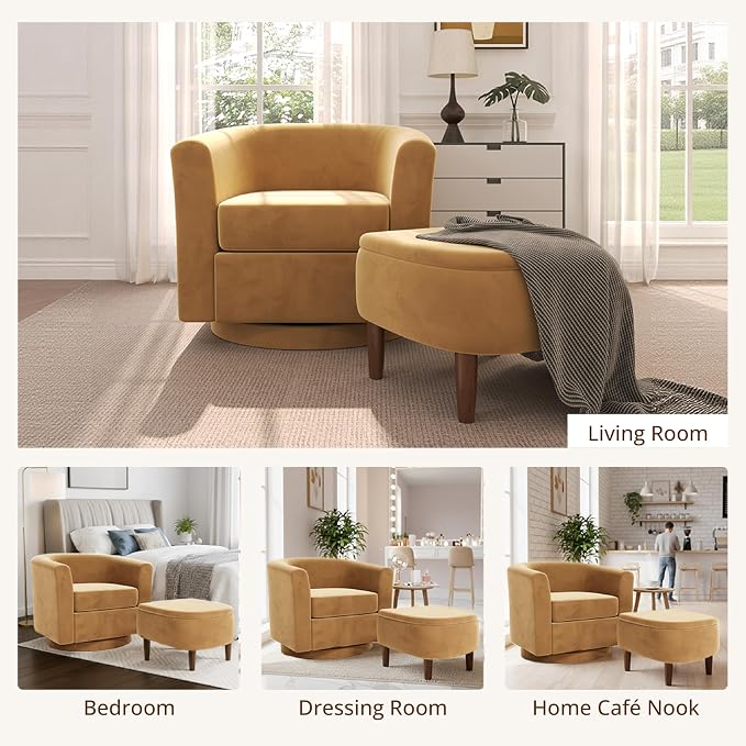 Swivel Accent Chair with Storage Ottoman Set of 2, Modern Velvet Barrel Chair, Upholstered Armchair with Footrest for Living Room/Reading/Bedroom, 25.4'' D x 28.35'' W x 24.4'' H, Yellow