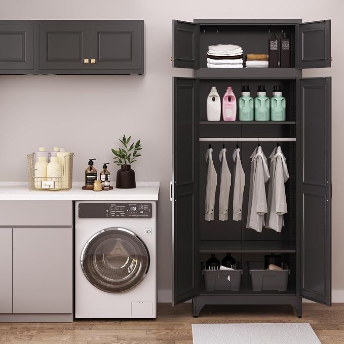 Armoire Wardrobe Closet with Hanging Rod, 71" Tall Metal Clothes Storage Cabinet with Doors and Adjustable Shelves, Black Wardrobe Cabinet, Steel Closet for Bedroom, Bathroom, Office, School