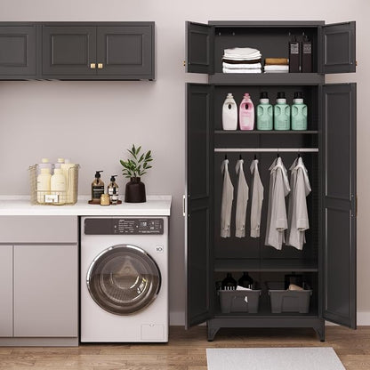 Armoire Wardrobe Closet with Hanging Rod, 71" Tall Metal Clothes Storage Cabinet with Doors and Adjustable Shelves, Black Wardrobe Cabinet, Steel Closet for Bedroom, Bathroom, Office, School