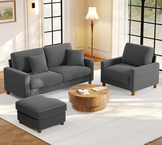Welzona 70.2" Couches for Living Room, Comfy Sofa Set Tool-Free Setup, Corduroy Couch Set 7.1" Thicker Cushion, Accent Chair with Ottoman 848lbs Support, Sofas for Living Room Home Office, Grey