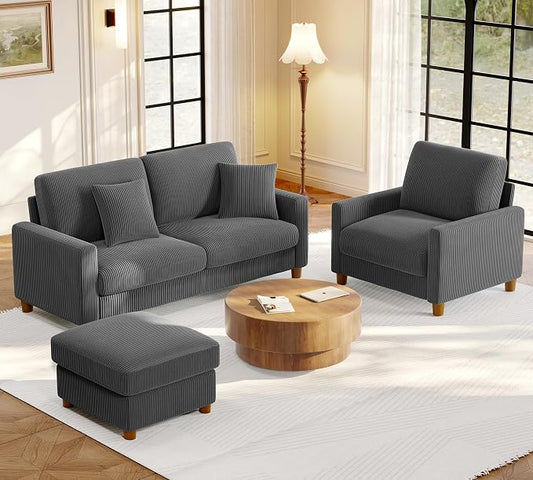 Welzona 70.2" Couches for Living Room, Comfy Sofa Set Tool-Free Setup, Corduroy Couch Set 7.1" Thicker Cushion, Accent Chair with Ottoman 848lbs Support, Sofas for Living Room Home Office, Grey