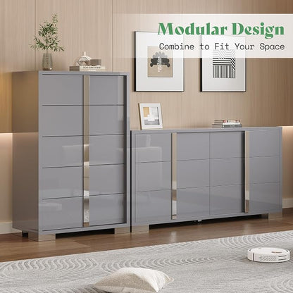 AMERLIFE 4 Piece Bedroom Dresser Set, Modern High Gloss UV Finish, 2 Nightstands, Chest of 5 Drawers & 6-Drawer Dresser, Electroplated Metal Handles, Bedroom Furniture Set, Grey