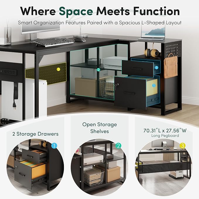 MALOL 70.3" L-Shaped Office Desk, Reversible L-Shaped Computer Desk with Power Outlet, Large Executive Desk with Locked File Drawers & Storage Shelves, Pegboard, Mobile CPU Stand, Modern Corner Desk