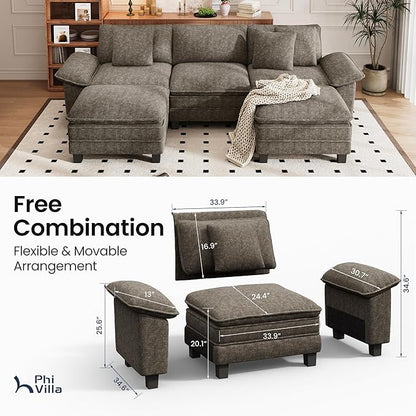 PHI VILLA Cloud Modular Couch Sets, 123.6" Oversized Sectional Sofa with U-Shaped Chaise, 5-Seater Couches with 2 Movable Ottomans for Living Room, Chenille Smoky Grey