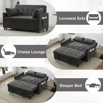 Tbfit 57" Convertible Sofa Bed, Chenille Futon Sleeper Sofa Couch with Pullout Bed, USB & Adjustable Backrest, Full Size Pull Out Loveseat Couches for Living Room, Apartment, Office, Dorm, Dark Grey
