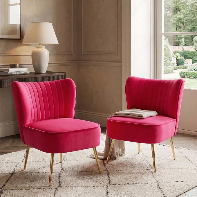 DUOMAY Modern Accent Chair Set of 2 Velvet Slipper Chair with Gold Legs Wingback Side Chair for Living Room Bedroom Entryway Small Corner Chair for Space Saving, Rose Red