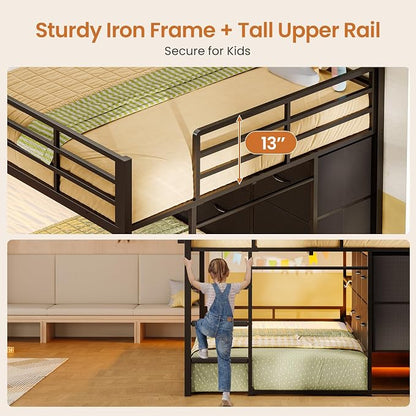 Full Over Twin Bunk Bed with 6 Drawers, Metal Frame Bunk Bed with LED Lights, Convertible Storage Bunk Bed with Extra-High Guardrails & Non-Slip Ladder, 2-Way Installation,for Teens, Black