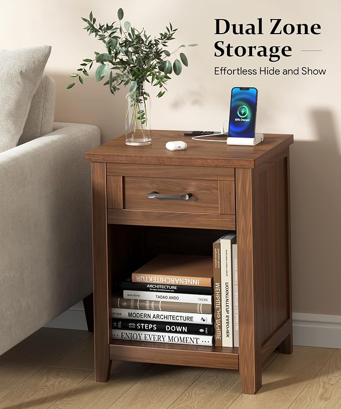 Decofy Farmhouse Nightstand with Charging Station & Large Storage, Set of 2 Modern End Tables with Outlets, USB Ports and Type-C Ports, Easy Assembly for Bedroom (Walnut)