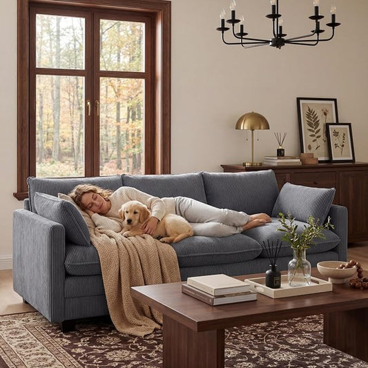 Gizoon 3 Seater Couches for Living Room, Cloud Sleeper Sofa with Double Cushion Corduroy Deep Seat Sofa Couches with 2 Pillows for Living Room Bedroom and Apartment,Pet-Friendly Fabric, Grey