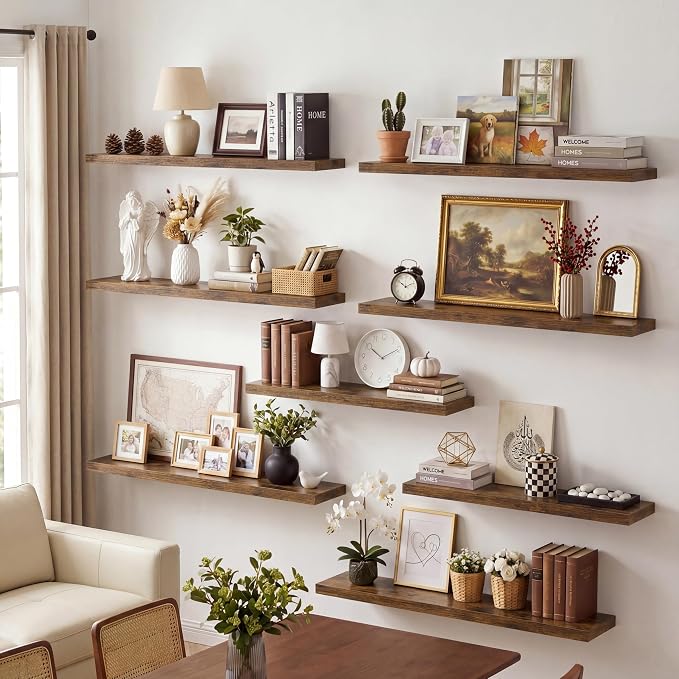 Vivelove 10 Inch Deep Floating Shelves 40 inch Long, 40 x 10 Wide Wall Shelves with Invisible Brackets, for Bedroom Bathroom Living Room Kitchen Office, Farmhouse Home Decor, Set of 2, Rustic Brown