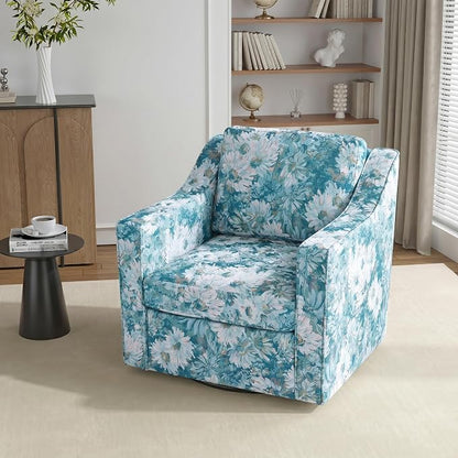 Swivel Accent Chair, 360° Swivel Upholstered Club Armchairs for Living Room, Comfy Fabric Single Sofa Reading Chair with Deep Seat, Metal Swivel Base, Cyan Blooms