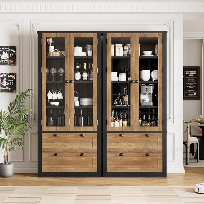 71" Tall Kitchen Pantry Cabinet - Modern Display Storage Cabinet with 2 Large Drawers, Glass Doors, and Adjustable Shelves, Kitchen Cupboard for Dining Room, Bathroom, Living Room, Black + Brown