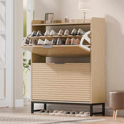 MU Shoe Storage Cabinet with 2 Flip Drawers, Freestanding Fluted Shoe Cabinet, Narrow Wood Shoe Cabinet, Hidden Shoe Organizer with Metal Legs for Entryway, Foyer, Hallway